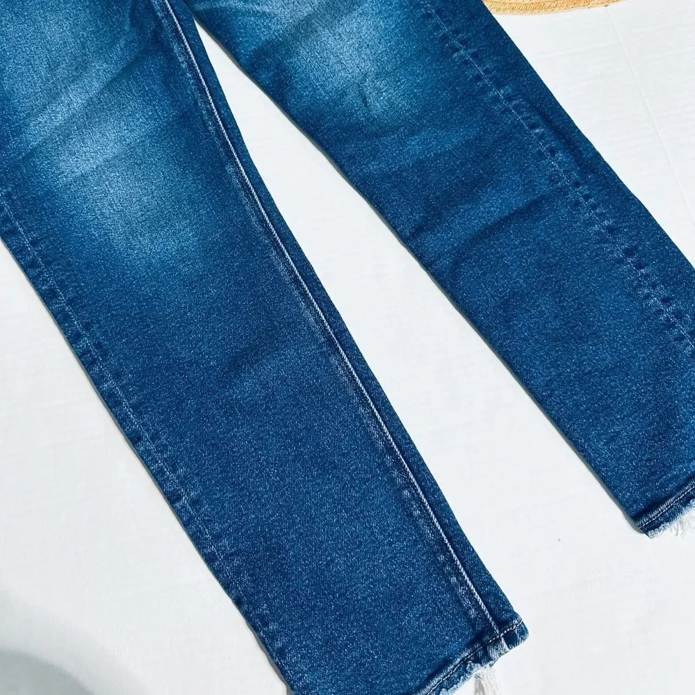 American Eagle Outfitters Dark/Midwash Distressed Hem Mom Jeans - Picture 7 of 7